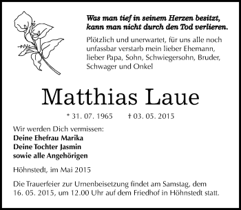 Traueranzeige von Matthias Laue von Mitteldeutsche Zeitung Halle/Saalkreis