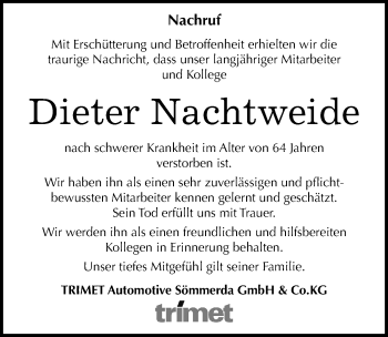 Traueranzeige von Dieter Nachtweide von Mitteldeutsche Zeitung Naumburg/Nebra