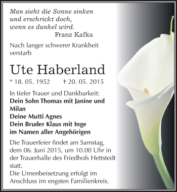 Traueranzeige von Ute Haberland von Mitteldeutsche Zeitung Mansfelder Land