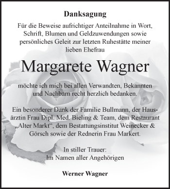 Traueranzeige von Margarete Wagner von Super Sonntag Bernburg