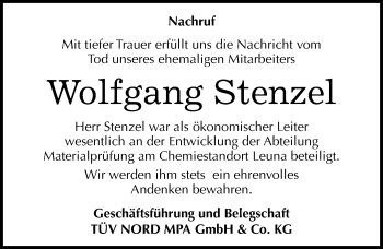 Traueranzeige von Wolfgang Stenzel von Mitteldeutsche Zeitung Merseburg/Querfurt