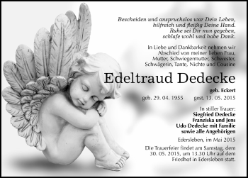 Traueranzeige von Edeltraud Dedecke von Mitteldeutsche Zeitung Sangerhausen