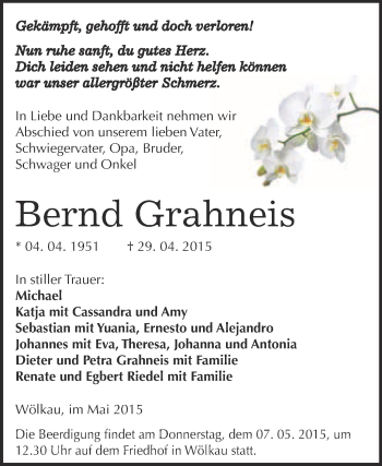 Traueranzeige von Bernd Grahneis von Super Sonntag Merseburg