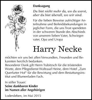Traueranzeige von Harry Necke von Mitteldeutsche Zeitung Merseburg/Querfurt