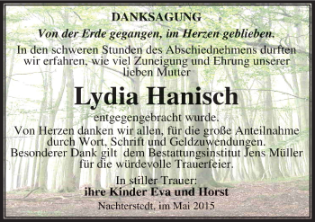 Traueranzeige von Lydia Hanisch von Mitteldeutsche Zeitung Aschersleben