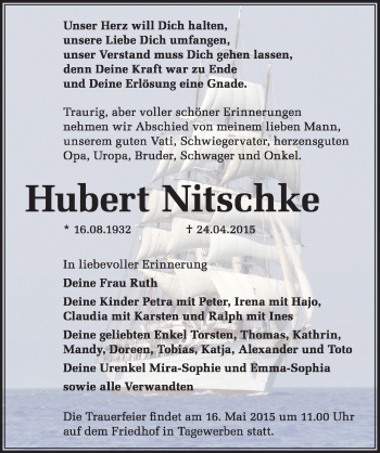 Traueranzeige von Hubert Nitschke von Mitteldeutsche Zeitung Weißenfels