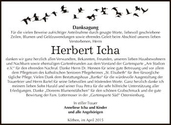 Traueranzeige von Herbert Icha von WVG - Wochenspiegel Dessau / Köthen