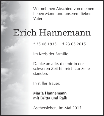 Traueranzeige von Erich Hannemann von Super Sonntag Aschersleben