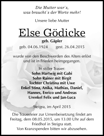 Traueranzeige von Else Gödicke von Mitteldeutsche Zeitung Merseburg/Querfurt