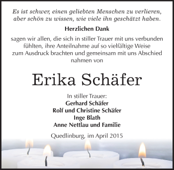 Traueranzeige von Erika Schäfer von Mitteldeutsche Zeitung Quedlinburg