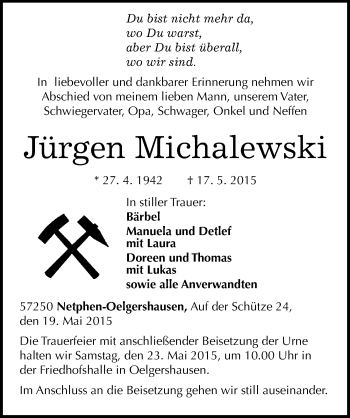 Traueranzeige von Jürgen Michalewski von Mitteldeutsche Zeitung Sangerhausen