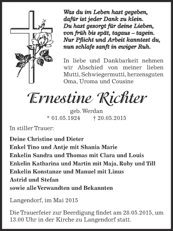 Traueranzeige von Ernestine Richter von Super Sonntag Zeitz
