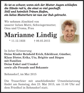 Traueranzeige von Marianne Lindig von Super Sonntag Zeitz