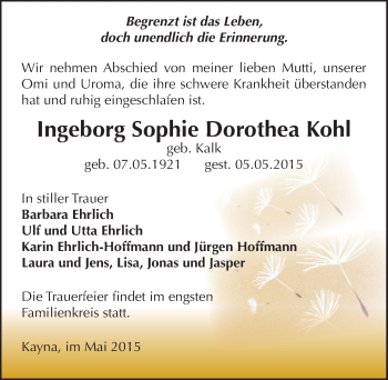 Traueranzeige von Ingeborg Sophie Dorothea Kohl von Mitteldeutsche Zeitung Zeitz