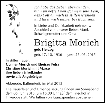 Traueranzeige von Brigitta Morich von Mitteldeutsche Zeitung Mansfelder Land