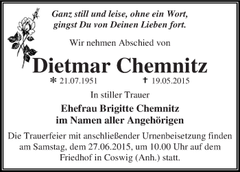 Traueranzeige von Dietmar Chemnitz von WVG - Wochenspiegel Dessau / Köthen