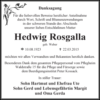 Traueranzeige von Hedwig Rosgalla von WVG - Wochenspiegel Dessau / Köthen