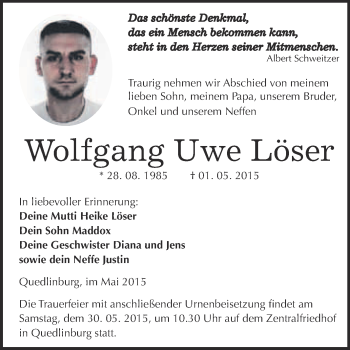 Traueranzeige von Wolfgang Uwe Löser von WVG - Wochenspiegel Quedlinburg