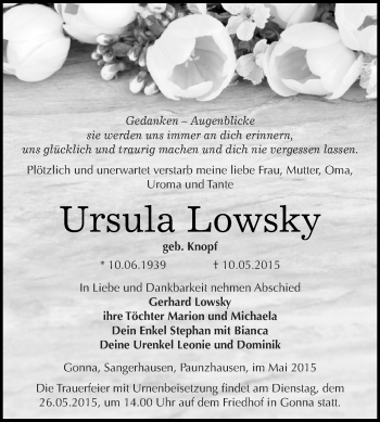 Traueranzeige von Ursula Lowsky von Super Sonntag SGH Mansf. Land