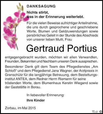 Traueranzeige von Gertraud Portius von WVG - Wochenspiegel NMB / WSF / ZTZ