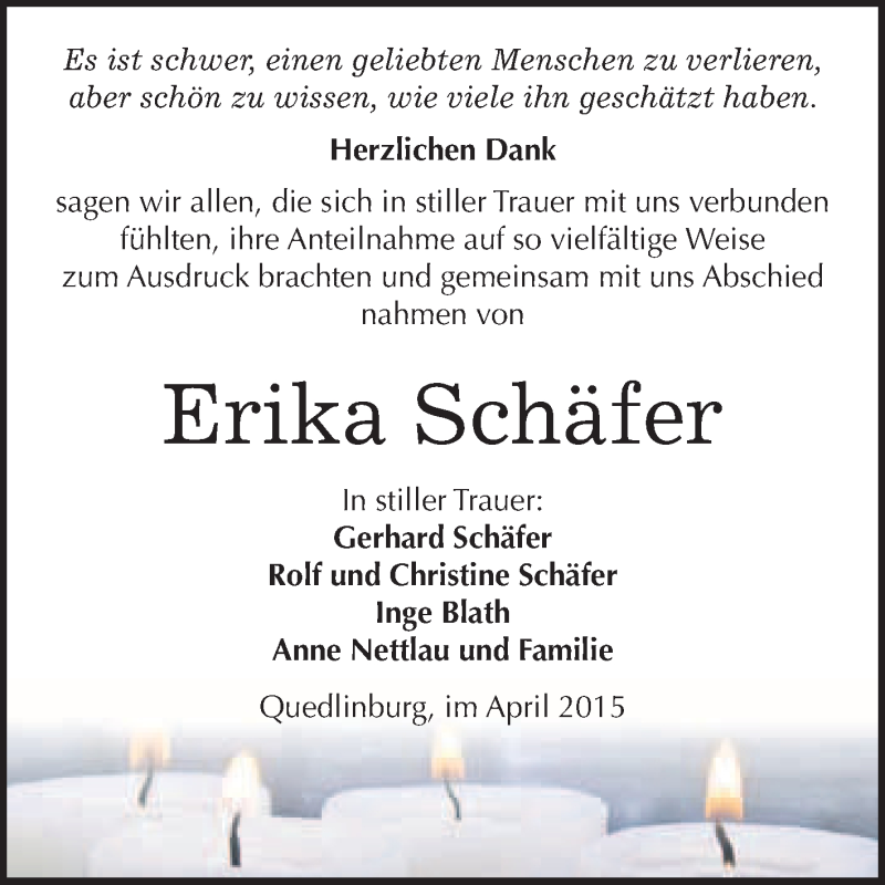  Traueranzeige für Erika Schäfer vom 10.05.2015 aus WVG - Wochenspiegel Quedlinburg