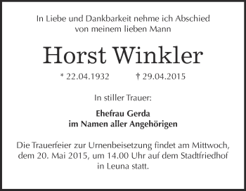 Traueranzeige von Horst Winkler von WVG - Wochenspiegel Merseburg