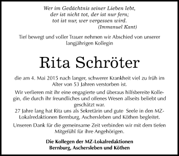Traueranzeige von Rita Schröter von Mitteldeutsche Zeitung