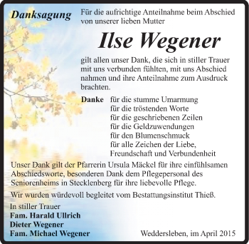 Traueranzeige von Ilse Wegener von Mitteldeutsche Zeitung Quedlinburg