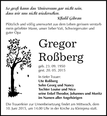 Traueranzeige von Gregor Roßberg von Mitteldeutsche Zeitung Naumburg/Nebra