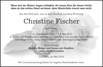 Traueranzeige von Christine Fischer von Super Sonntag Zeitz