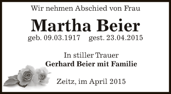 Traueranzeige von Martha Beier von Super Sonntag Zeitz