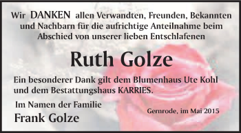 Traueranzeige von Ruth Golze von WVG - Wochenspiegel Quedlinburg