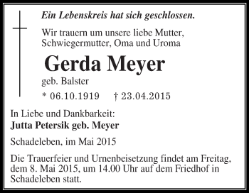 Traueranzeige von Gerda Meyer von Super Sonntag Aschersleben