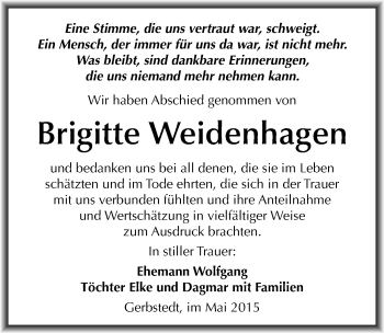 Traueranzeige von Brigitte Weidenhagen von Mitteldeutsche Zeitung Mansfelder Land