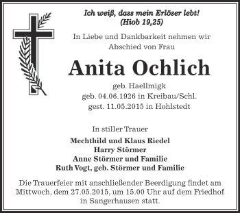 Traueranzeige von Anita Ochlich von Super Sonntag SGH Mansf. Land