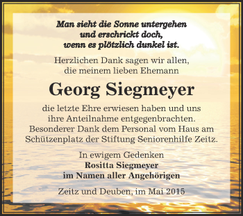 Traueranzeige von Georg Siegmeyer von Super Sonntag Zeitz