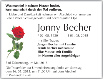 Traueranzeige von Jonny Becher von Mitteldeutsche Zeitung Merseburg/Querfurt
