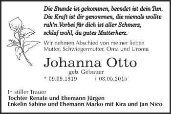 Traueranzeige von Johanna Otto von WVG - Wochenspiegel Dessau / Köthen