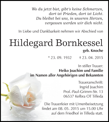 Traueranzeige von Hildegard Bornkessel von WVG - Wochenspiegel SGH