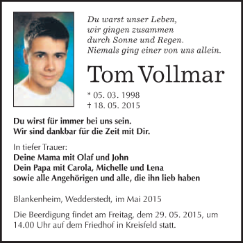 Traueranzeige von Tom Vollmar von WVG - Wochenspiegel Quedlinburg