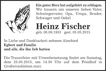 Traueranzeige von Heinz Fischer von Super Sonntag Bernburg