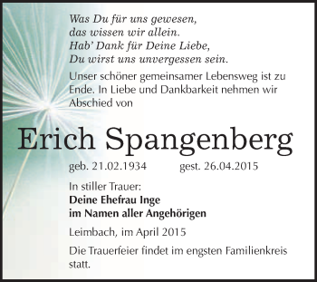 Traueranzeige von Erich Spangenberg von WVG - Wochenspiegel Merseburg
