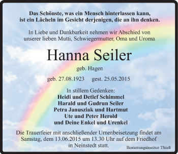 Traueranzeige von Hanna Seiler von Mitteldeutsche Zeitung Quedlinburg