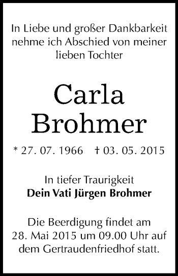 Traueranzeige von Carla Brohmer von Mitteldeutsche Zeitung Halle/Saalkreis