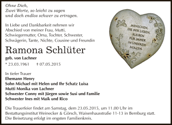 Traueranzeige von Ramona Schlüter von Super Sonntag Bernburg