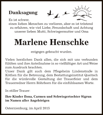 Traueranzeige von Marlene Henschke von WVG - Wochenspiegel Dessau / Köthen