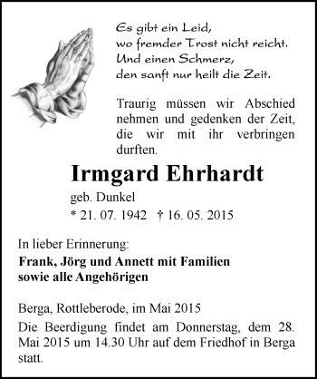 Traueranzeige von Irmgard Ehrhardt von Mitteldeutsche Zeitung Sangerhausen
