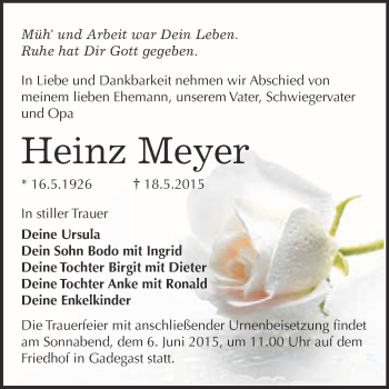Traueranzeige von Heinz Meyer von WVG - Wochenspiegel Wittenberg