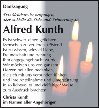Traueranzeige von Alfred Kunth von Mitteldeutsche Zeitung Weißenfels