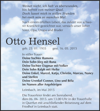 Traueranzeige von Otto Hensel von WVG - Wochenspiegel NMB / WSF / ZTZ